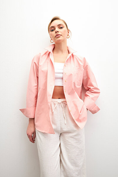 Bipantolon Women's Pink Oversize Basic Pocket Detailed Poplin Long Sleeve Shirt