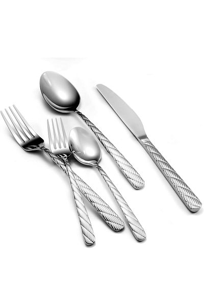 COOYA Hammered Silverware Set 5 Pcs, Stainless Steel, Mirror Polished Cutlery Utensil Set, Dishwasher Safe