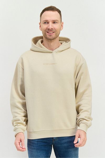 Fudo Men Hooded Long Sleeve Graphic Print Sweatshirt, Beige