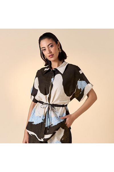 Iconic All-Over Print Collar Shirt with Short Sleeves and Waist Tie-Up