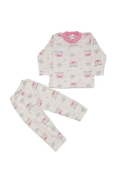 bebegen Kız Çocuk Beyaz Pembe Yıldızlı Ayılı Desenli 2'li Pijama Takımı