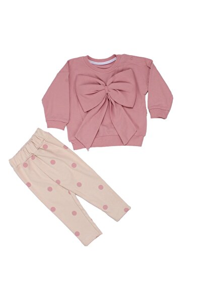 bebegen Kız Bebek Pudra Ekru Büyük Fiyonklu Puanlı İkili Takım