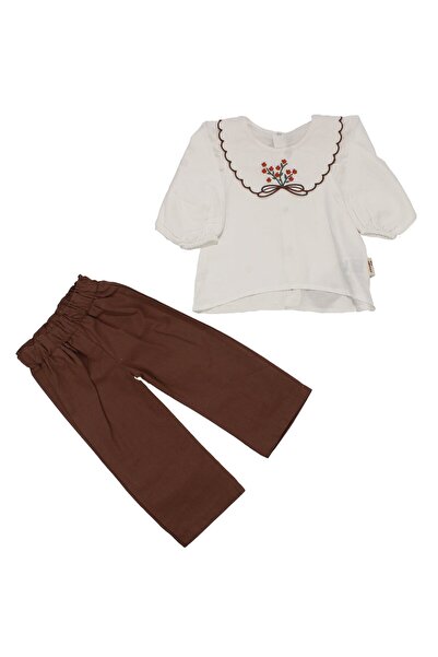 bebegen Kız Bebek Beyaz Kahve Turuncu Çicek Nakışlı Bebe Yaka İkili Takım