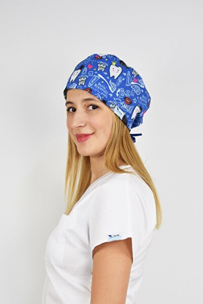 Nur Medikal Giyim Unisex Lacivert Diş Desenli Cerrahi Bone Doktor Hemşire Saç...