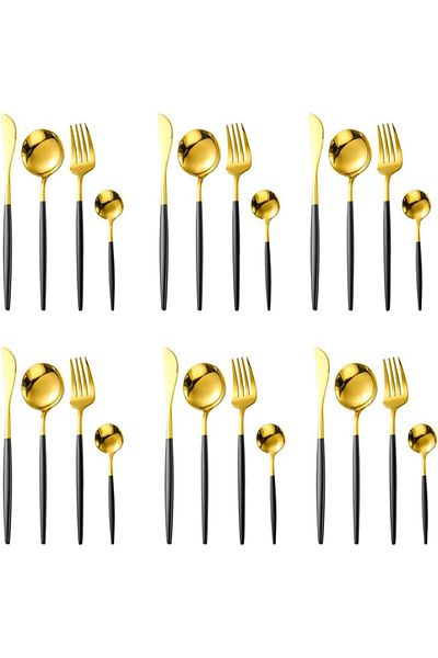 COOYA Flatware Set, 24-Piece Cutlery Set Service for 6, Mirror Polished Utensil Set (Black/gold)