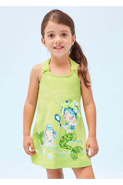 MAYORAL Girl's Cotton Combed Mermaid Appliqued Cross Back Dress Green 3944