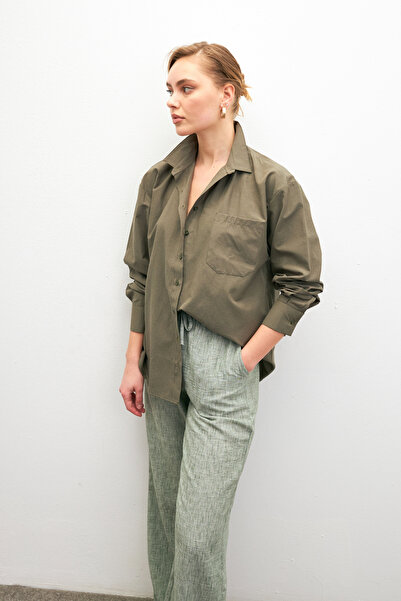 Bipantolon Women's Khaki Oversize Basic Pocket Detailed Poplin Long Sleeve Shirt