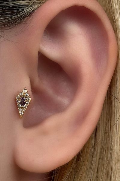 TAKIŞTIR Gold Color Stone Detailed Steel Tragus/ Cartilage Earring/ Piercing (Single)