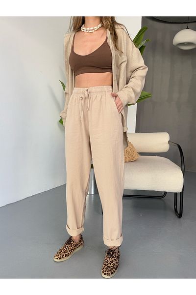 COMBİNE MİCHAİL Pantaloni de in pentru femei bej