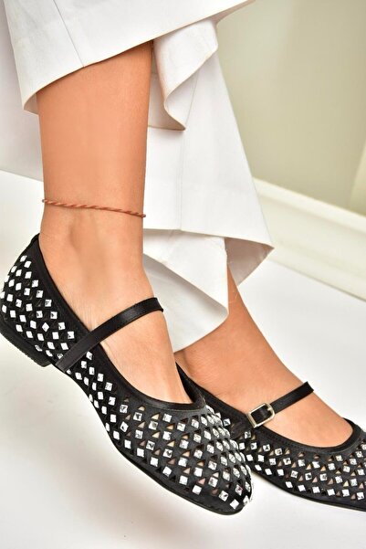 Fox Shoes U725513204 Siyah Kumaş Taş Detaylı Kadın Babet
