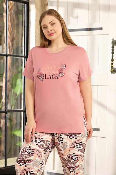 Aydoğan Women's Pearl Plus Size Short Sleeve Powder Pajamas Suit 0138