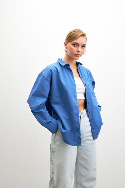Bipantolon Cămașă de damă, albastră, oversize, de bază, cu buzunar, din popelin, cu mânecă lungă