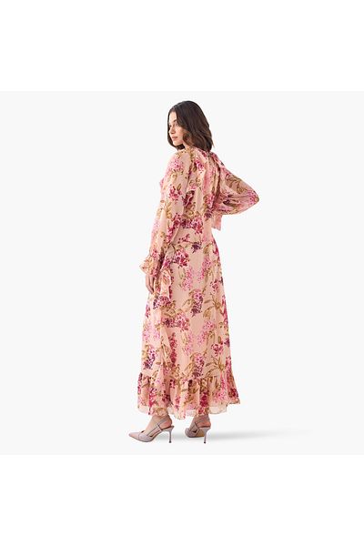 Iconic Floral Print Maxi Dress with Tie-Up Neck and Long Sleeves