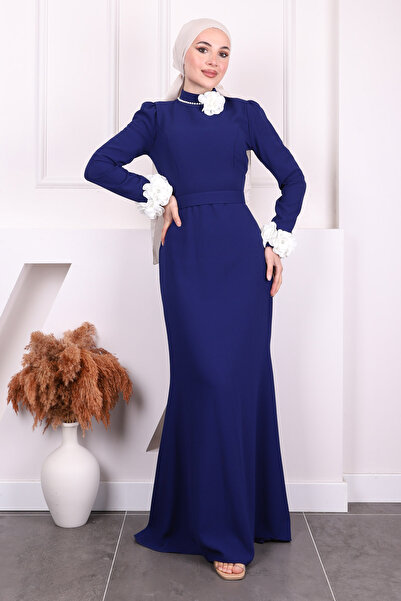 İmajButik Rochie de seară cu mânecă albastră Saks cu detaliu margaretă