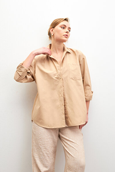 Bipantolon Women's Dark Beige Oversize Basic Pocket Detailed Poplin Long Sleeve Shirt