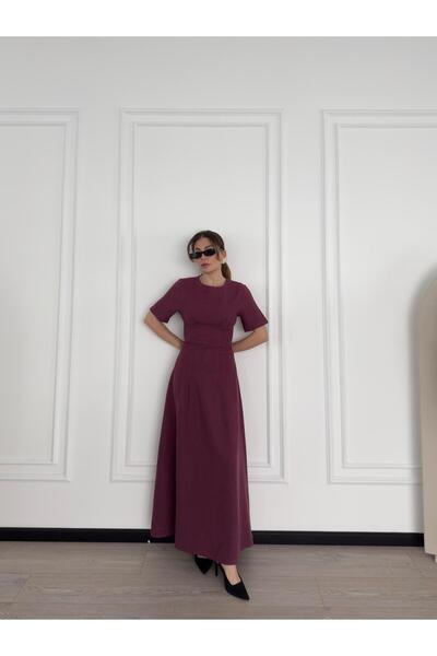 fmnbutik Midi Length Linen Fabric Fitted at Waist Wide Bell Skirt Pinterest Equivalent Short Sleeve Stylish Design Dress