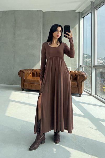 Seda Yalçın Atelier Brown Oval Neckline Draped Dress with Slit Detail