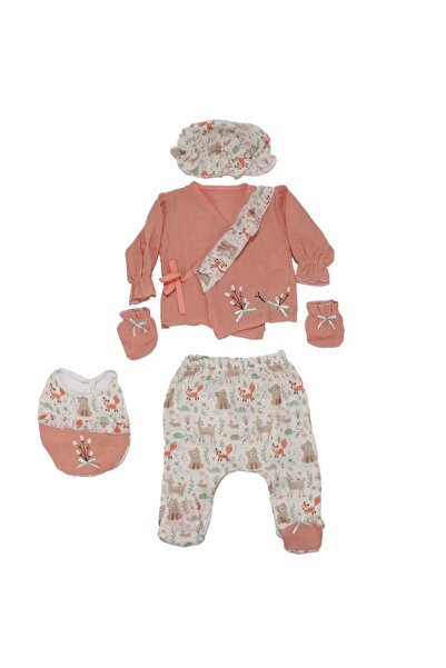 bebegen Baby Girl Salmon White Animal Patterned Muslin 5 Piece Hospital Disch...