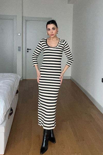 Seda Yalçın Atelier Black Stripe Patterned Cream Dress
