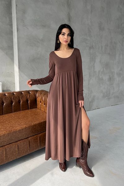 Seda Yalçın Atelier Brown Oval Neckline Draped Dress with Slit Detail