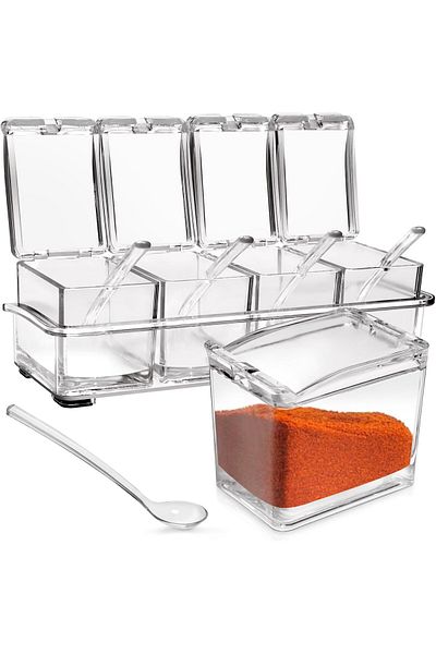 COOYA 4-Cell  Acrylic Rack Spice Box Storage Container Condiment Jars Seasoning Box with Cover and Spoon