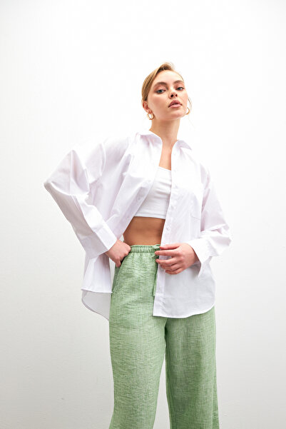 Bipantolon Γυναικείο λευκό oversize Basic μακρυμάνικο πουκάμισο με λεπτομέρεια ποπλίνα