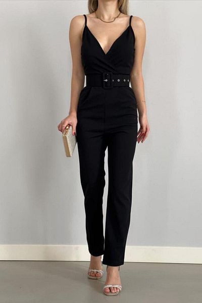 Mossta Strappy Double Breasted Collar Belted Jumpsuit Black