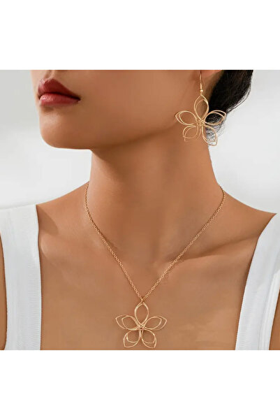 SE Jewellery Gold Çiçek Objeli Kolye Sallantılı Küpe Set