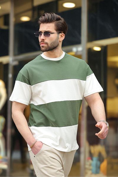 Madmext Μπλουζάκι Khaki Oversize Color Block Crew Neck 7020