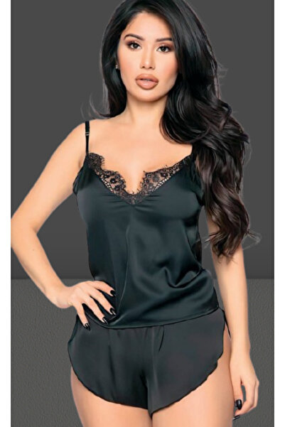Cooqpoo Черен комплект нощница от сатен с тънки презрамки, дантела и горна част, размер S-M-L-XL