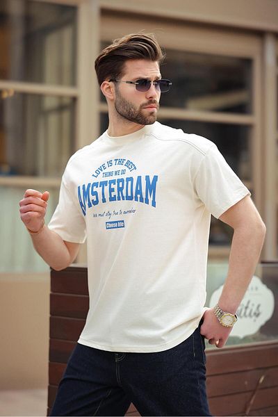 Madmext Ecru Printed Men's T-Shirt E7124