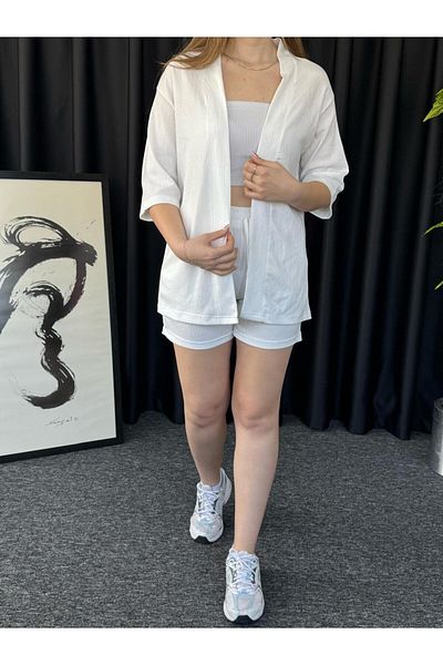 Altamira Set de top și pantaloni scurți kimono alb pentru femei