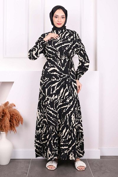 İmajButik Φόρεμα Viscon με κρεμ μοτίβο φούστα