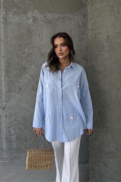 RB CLUB قميص كتان - نسائي، مزين بأزرار