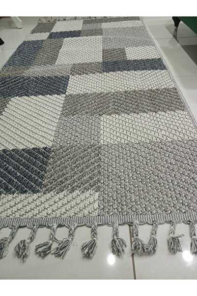 ENTİ Dekorenti Bukle 1403 gri mavi antialerjik leke tutmaz silinebilir örgü saçaklı yolluk halı paspas