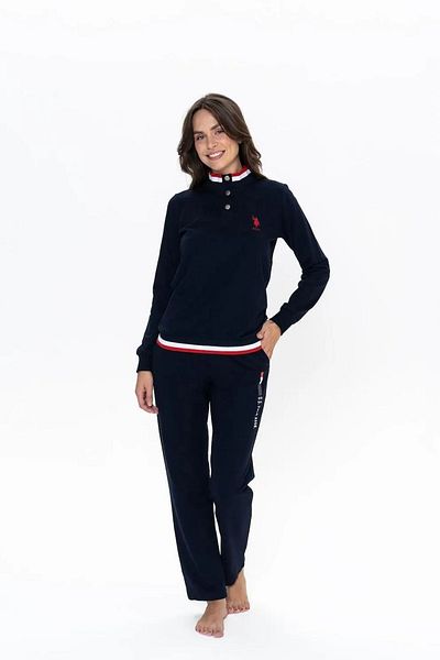 U.S. Polo Assn. U.S. Polo Assn. 20112 Set de pijamale pentru femei, albastru bleumarin, cu mânecă lungă, cu guler ridicat