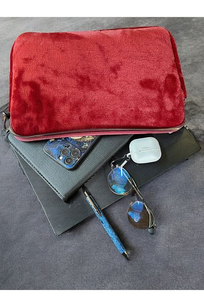 PLUSH STUDIO 13-13.3-14 بوصة ماك بوك قطيفة، حقيبة كمبيوتر محمول، حقيبة حمراء كلاريت (بدون حزام) 36 × 26 سم