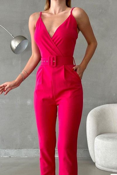 Mossta Pink Kauyf Collar Belted Jumpsuit