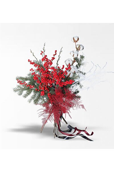 Rosebox Pamuk Dalı, Asparagus Ve Büyük İlex Yılbaşı Buketi