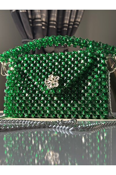 begüm jewelery HAKİ YEŞİL KÜBİK PARLAK TAŞLARLA İŞLENMİŞ TASARIM ÇANTA