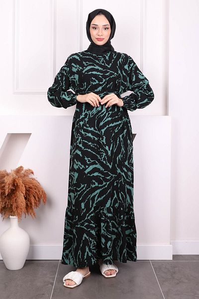 İmajButik Σμαραγδένια Πράσινη Φούστα με Σχέδιο Πολυεπίπεδο Φόρεμα Viscon