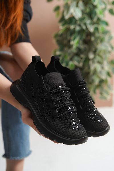 Lolita Love Shoes Pena Black Knitwear Stone Laced Sports Shoes
