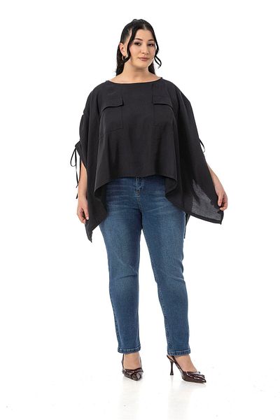 DISENTIS MODEST Plus Size Black Poncho Blouse with Sleeve Tunnel and Drawstring Detail Pocket
