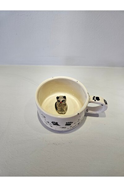 Soli Seramik Handmade Ceramic Mug, Special Design with Gray Cat Figure, Gift Ceramic Mug, White Mug with Cat