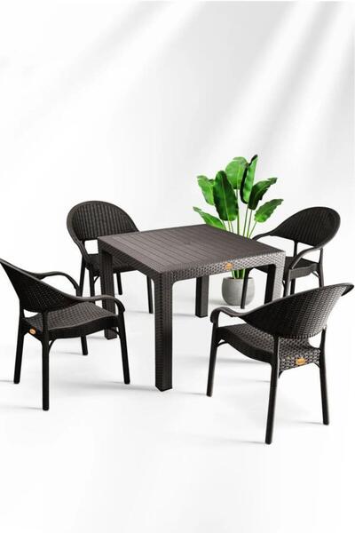 nar sokağı Bambu Kahve 90x90 Cm Camsız Rattan Bahçe Balkon Masa Takımı