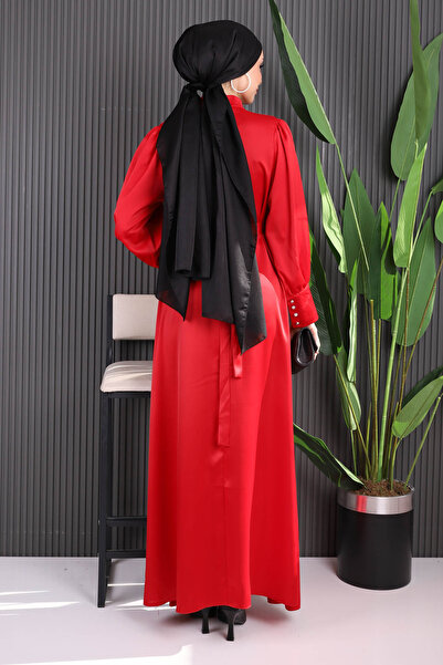 İmajButik Red Cuff Buttoned Waist Belted Satin Dress