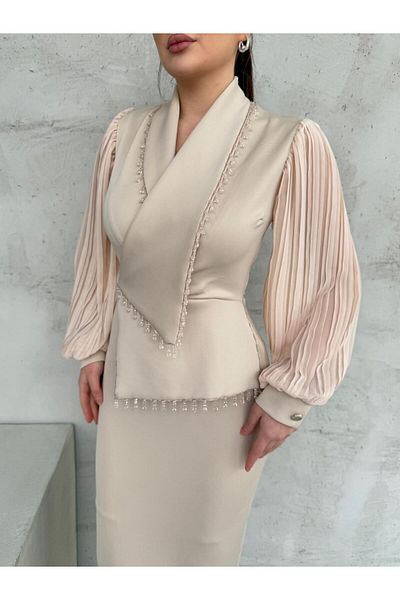 asyadabutik Rochie de nuntă pentru femei, din țesătură scuba importată, cu mâneci plisate, cu nasturi, cu design special, căptușită pentru logodnă