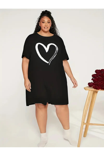 HOFFNUNG Büyük Beden Kadın Kısa Kollu Bisiklet Yaka T-shirt Elbise Gecelik