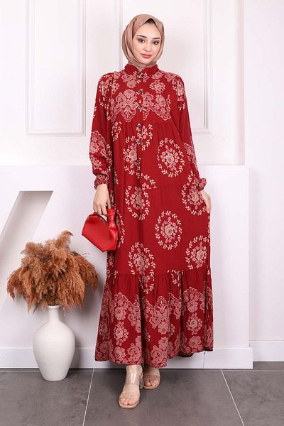 İmajButik Φόρεμα Viscon με μισό κουμπί με μπορντό σχέδιο