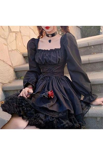 Köstebek Black Balloon Long Sleeve Gothic Lace Detail Dress